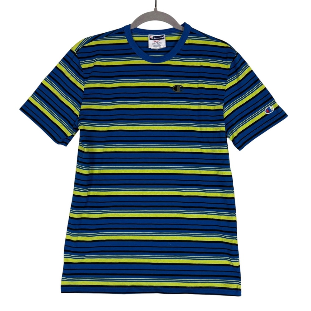 Champion Shirt Mens Small Blue Stripe Crewneck Logo Tee Cotton Blend Jersey